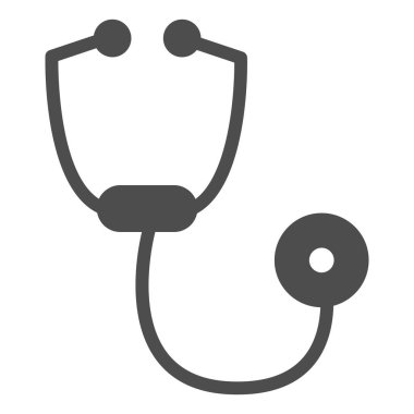 Steteskop katı bir ikon. Kalp atışı dinlemesi, teşhis aracı sembolü, beyaz arkaplanda kabartma şekilli resim. Mobil konsept için tıp ya da kardiyoloji işareti, web tasarımı. Vektör grafikleri.