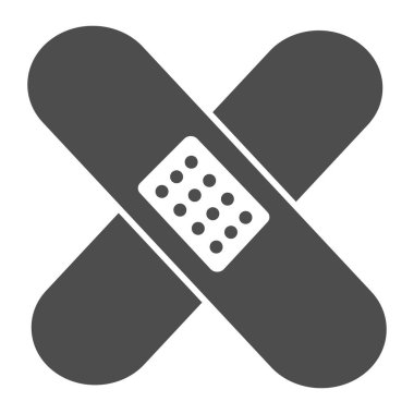 Tıbbi alçı katı bir ikon. Yapıştırıcı bant ve bandaj sembolü, beyaz arkaplanda glifli resim. Mobil konsept ve web tasarımı için ilaç ya da eczane işareti. Vektör grafikleri.