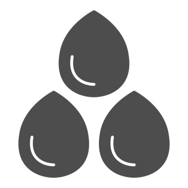 Su damlacıkları katı bir ikon. Kan nakli, üç damla sembolü, beyaz arka planda glifli resim. Mobil konsept ve web tasarımı için ilaç ya da bağış tabelası. Vektör grafikleri.