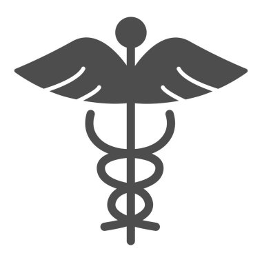Caduceus katı ikonu. Yılan ve kanat sembollü sağlık görevlisi şekli, beyaz arkaplanda kabartma şekilli resim. Mobil konsept ve web tasarımı için ilaç ya da eczane işareti. Vektör grafikleri.