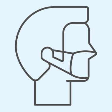 Maske ve ince çizgi ikonu olan kişi. Beyaz arka planda virüs anahatlarını korumak için maskeli bir adam. Gezici konsept ve web tasarımı için Coronavirus önleme yöntemleri. Vektör grafikleri.