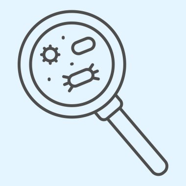 Büyüteç, ince çizgi simgesindeki bakteriler. Büyüteç yakınlaştırma virüsü beyaz arkaplanda resim çizimi. Mobil konsept ve web tasarımı için Coronavirus veya COVID-19 işaretleri. Vektör grafikleri.