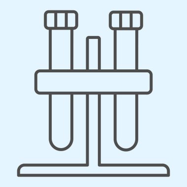 Matara tüpleri ince çizgi ikonunda duruyor. Kimya bilimi için iki test tüpü. Beyaz arka planda resim çizimi. Mobil konsept ve web tasarımı için Covid19 aşı araştırması. Vektör grafikleri.