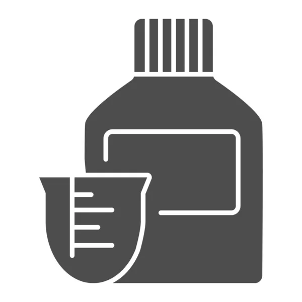 药瓶和剂量测量杯固体图标.维生素糖浆符号,色彩斑斓的白色背景象形文字.移动概念的医学或药学标志，网页设计。矢量图形. — 图库矢量图片