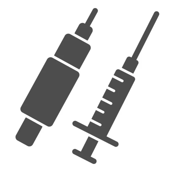Syringe solid icon 입니다. 백신 과 주사 도구 기호 (glyph style pictogram) 는 흰색 배경에 대한 글 리프 스타일의 픽토그램이다. 의약품 또는 모바일 개념 및 웹 디자인을 위한 병원 표지판. 벡터 그래픽. — 스톡 벡터