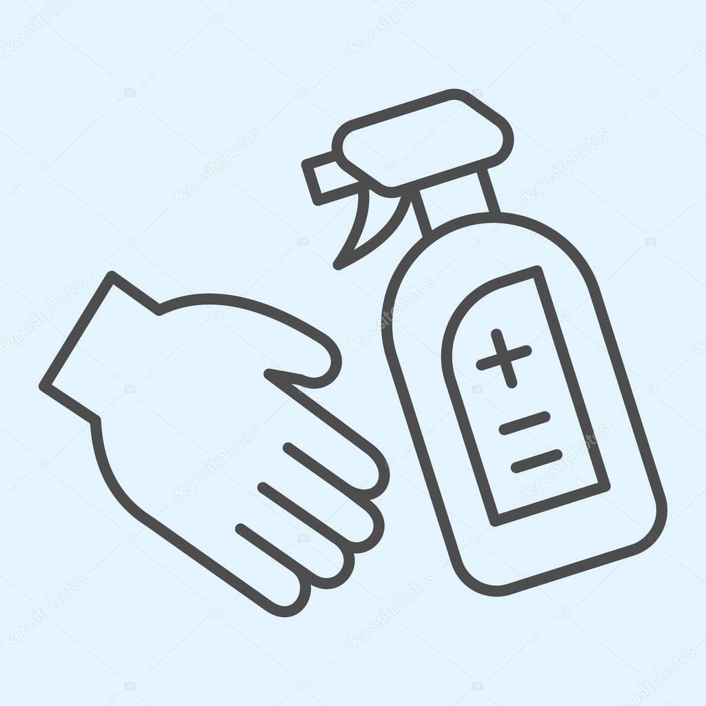 Antiseptic spray bottle for hands thin line icon. Disinfectant and hand outline style pictogram on white background. Corona virus prevention signs for mobile concept and web design. Vector graphics