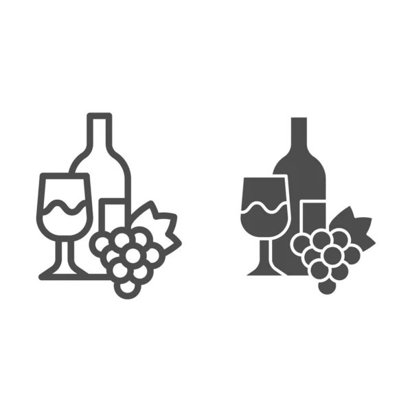 ボトル、ワイングラスとブドウラインと固体アイコンの束。白を背景にワイングラスとブドウのアウトラインスタイルのピクトグラムとワイン。モバイルコンセプトとウェブデザインのためのワイナリーの兆候。ベクトルグラフィックス. — ストックベクタ