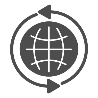 İnternet simgesi. Küresel ağ, yuvarlak ok sembollü dünya küresi, beyaz arkaplanda glifli resim. Mobil konsept ve web tasarımı için teknoloji işareti. Vektör grafikleri.