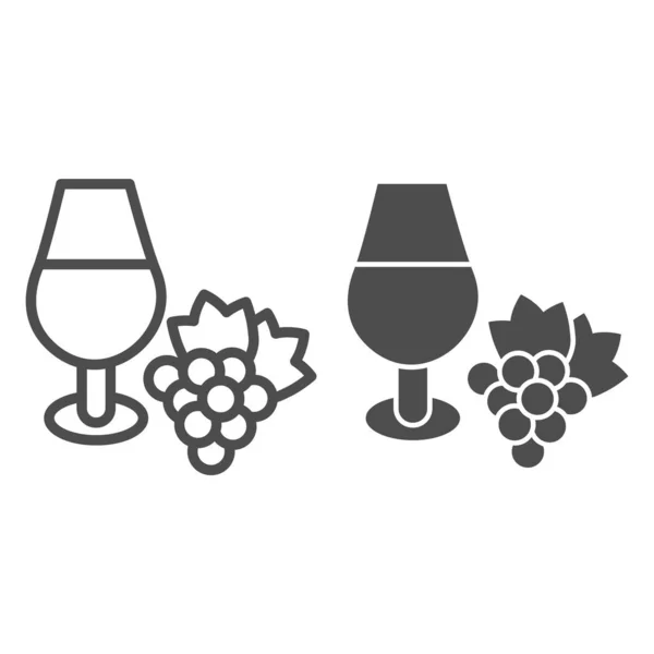 Ποτήρι κρασιού και μια σειρά από σταφύλια γραμμή και στερεά εικόνα. Γεμάτο ποτήρι κρασιού και σταφύλι με εικονογράφημα στυλ φύλλων σε λευκό φόντο. Οινοποιία πινακίδες για το κινητό έννοια και web design. Διανυσματικά γραφικά. — Διανυσματικό Αρχείο