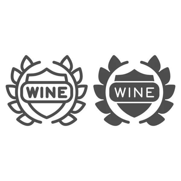 Ghirlanda ed emblema con la linea di vino segno e icona solida. Corona di alloro con scudo vino testo contorno stile pittogramma su sfondo bianco. Segnaletica aziendale per mobile concept e web design. Grafica vettoriale . — Vettoriale Stock