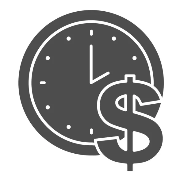 시간은 돈의 견고 한 아이콘입니다. 시계와 달러 상징, 하얀 배경에 관한 글 리프 스타일의 픽토 그램을 보 세요. 비즈니스 또는 모바일 컨셉 및 웹 디자인을 위한 재정 표지. 벡터 그래픽. — 스톡 벡터