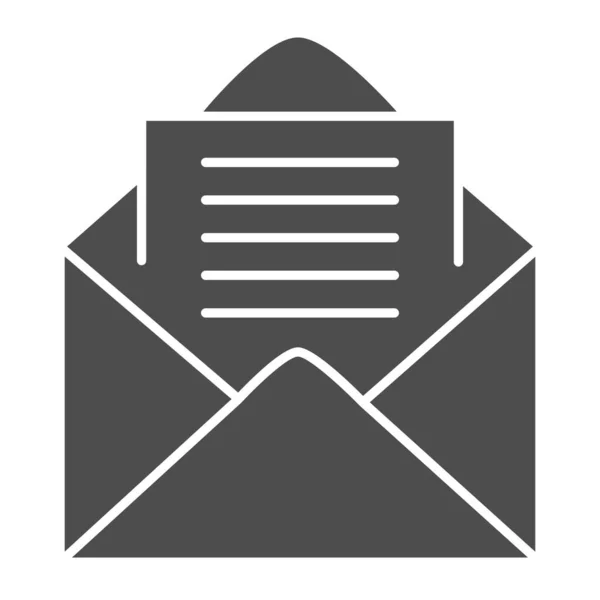 Geöffneter Umschlag solides Symbol. Postbrief mit Papierseitensymbol, Piktogramm im Glyphen-Stil auf weißem Hintergrund. Porto- oder Businessschild für mobiles Konzept und Webdesign. Vektorgrafik. — Stockvektor