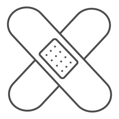 Tıbbi alçı ince çizgi ikonu. Yapıştırıcı bant ve bandaj sembolü, beyaz arka planda ana hatlı resim. Mobil konsept ve web tasarımı için ilaç ya da eczane işareti. Vektör grafikleri.