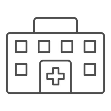 Hastane binası, ince çizgi ikonu. Şehir kliniği, sağlık evi sembolü, beyaz arka planda ana hatlı resim. Mobil konsept ve web tasarımı için tıbbi işaret. Vektör grafikleri.