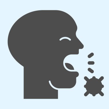 Öksürük adam ve virüs enfeksiyonu katı bir ikon. Öksürük, beyaz zemin üzerinde Covid-19 bakteri kabartma stili piktogram iletiyor. Mobil konsept ve web tasarımı için Coronavirus işaretleri. Vektör grafikleri.