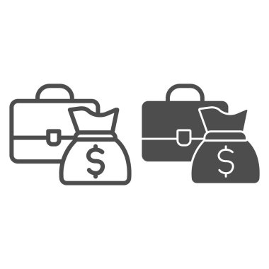 Para hattı ve sağlam bir ikon içeren çanta ve çanta. Müşteri portföyü. Jurisprrudence vektör tasarımı konsepti, beyaz arka planda ana hatlı pictogram, web ve uygulama için kullan. Eps 10.