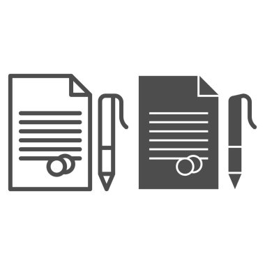 Kalem, pul ve simge içeren belgeler. Damgalı anlaşma sözleşmesi. Jurisprrudence vektör tasarımı konsepti, beyaz arka planda ana hatlı pictogram, web ve uygulama için kullan. Eps 10.