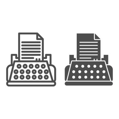 Adalet daktilo hattı ve sağlam bir ikon. Mahkeme kayıt makinesi. Yargı sistemi tasarım konsepti, beyaz arka planda taslak stil piktogramı, web ve uygulama için kullan. Eps 10.