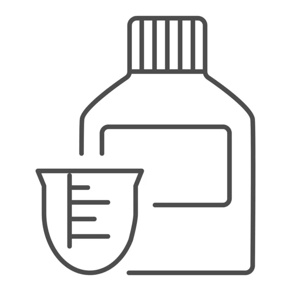 Flacon de médicament et tasse doseuse icône de ligne mince. Symbole de sirop de vitamine, pictogramme de style contour sur fond blanc. Signe médical ou pharmacie pour concept mobile, web design. Graphiques vectoriels . — Image vectorielle