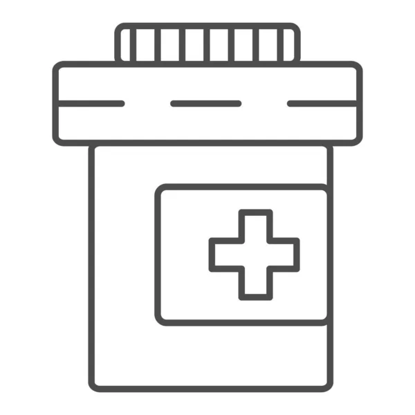 Φιάλη φαρμάκων λεπτή γραμμή εικονίδιο. Χάπια, medicament μπορεί να σύμβολο, περίγραμμα στυλ εικονόγραμμα σε λευκό φόντο. Ιατρικό ή φαρμακείο υπογράψει για την έννοια του κινητού και web design. Διανυσματικά γραφικά. — Διανυσματικό Αρχείο