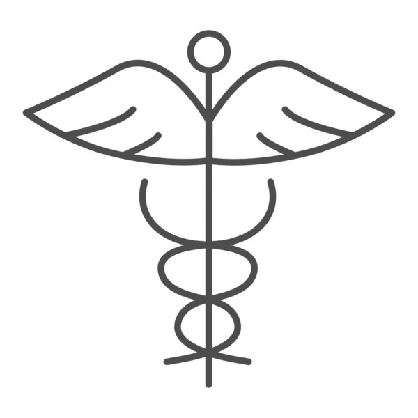 カドゥケウスの細い線のアイコン。ヘビや翼のシンボルを持つパラダイム状の形状、白い背景にアウトラインスタイルのピクトグラム。モバイルコンセプトとウェブデザインのための医学や薬局の看板。ベクトルグラフィックス. — ストックベクタ