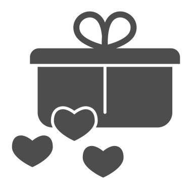 Hediye ve kalpler katı bir ikon. Fiyonk, kurdele ve kalp sembolü, beyaz arkaplanda kabartma şekilli resim. Mobil konsept ve web tasarımı için aşk ve düğün tabelası. Vektör grafikleri.