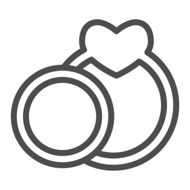 İki alyans çizgisi ikonu. Kalp şeklinde sembollü çift nişan yüzüğü, beyaz arka planda ana hatlı resim. Taşınabilir konsept için Sevgililer Günü tabelası, web tasarımı. Vektör grafikleri.