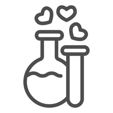 İki iksir çizgisi ikonu. İksiri ve kalp kabarcıkları sembolü olan şişe ve tüp, beyaz arka planda ana hatlı resim. Taşınabilir konsept için Sevgililer Günü tabelası, web tasarımı. Vektör grafikleri.