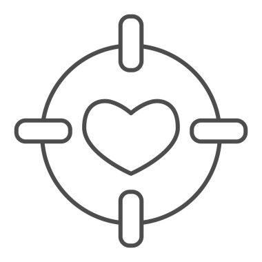 Hedefin merkezindeki kalp, ince çizgi ikonu. Aşk dartları, takip ve nişan alma sembolü, beyaz arka planda ana hatlı resim. Taşınabilir konsept için Sevgililer Günü tabelası, web tasarımı. Vektör grafikleri.