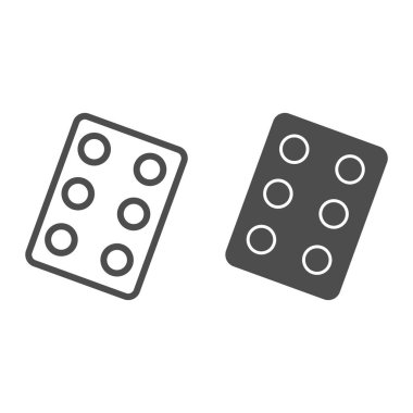 Paket hattındaki haplar ve sembol. Tabletler dolusu uyuşturucu sembolü, beyaz arka planda ana hatlı resim. Mobil konsept ve web tasarımı için ilaç ya da eczane işareti. Vektör grafikleri.