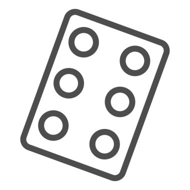 Paket hattı ikonunda haplar. Tabletler dolusu uyuşturucu sembolü, beyaz arka planda ana hatlı resim. Mobil konsept ve web tasarımı için ilaç ya da eczane işareti. Vektör grafikleri.