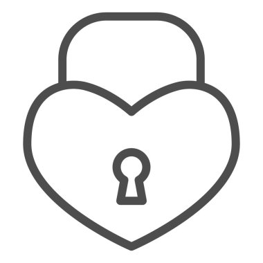 Kalp şeklinde kilit çizgisi simgesi. Aşk sembolü şeklinde romantik asma kilit, beyaz arka planda ana hatlı resim. Taşınabilir konsept ve web tasarımı için Sevgililer Günü tabelası. Vektör grafikleri.