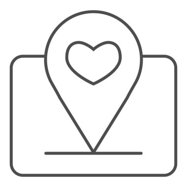 Kalp çizgisi ikonlu konum işareti. Harita pin sembolüyle aşk buluşması, beyaz arkaplanda ana hatlı resim. Taşınabilir konsept ve web tasarımı için Sevgililer Günü tabelası. Vektör grafikleri.