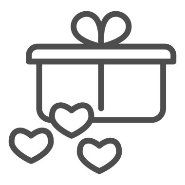 Hediye ve kalp çizgisi ikonu. Fiyonk, kurdele ve kalp sembolü, beyaz arkaplanda ana hatlı resim. Mobil konsept ve web tasarımı için aşk ve düğün tabelası. Vektör grafikleri.