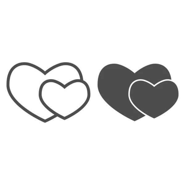 Två romantiska hjärtan linje och solid ikon. Par av kärlek eller hjärtformer symbol, skissera stil piktogram på vit bakgrund. Alla hjärtans dag tecken för mobila koncept och webbdesign. Vektorgrafik. — Stock vektor