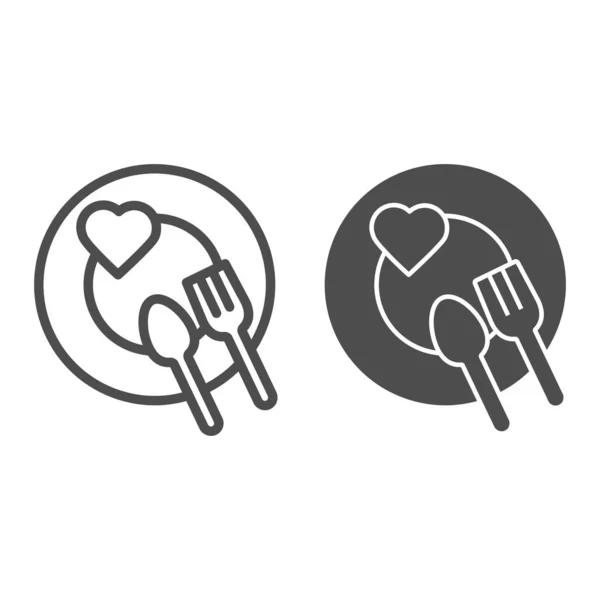 Línea romántica plato de la cena y sólido icono. Corazón en plato con tenedor y cuchara símbolo, pictograma estilo contorno sobre fondo blanco. Signo de San Valentín para concepto móvil o diseño web. Gráficos vectoriales . — Archivo Imágenes Vectoriales