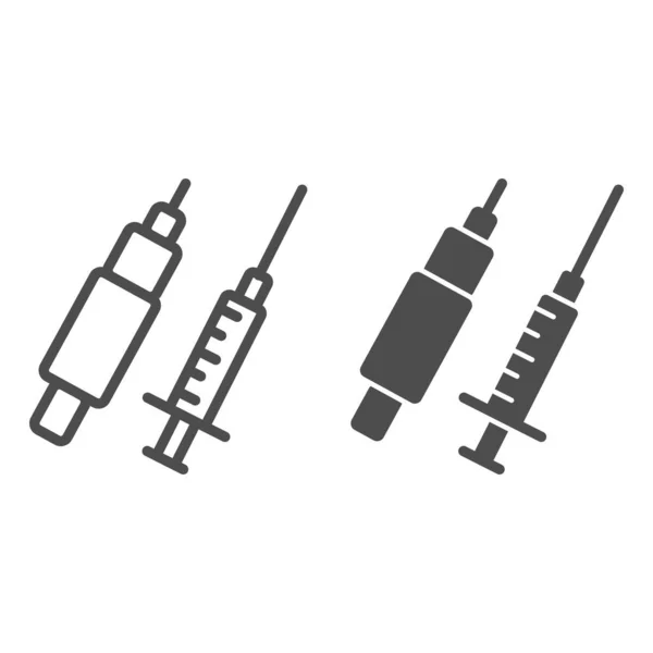 Syringe line 과 glyph icon 입니다. 백신 과 주사 도구 심볼, 흰색 배경에 대한 개요 스타일 픽 토 그램. 의약품 또는 모바일 개념 및 웹 디자인을 위한 병원 표지판. 벡터 그래픽. — 스톡 벡터