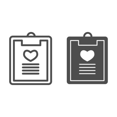 Aşk çizgisi ve sağlam bir simge. Liste ve kalp şekli sembolü olan romantik rapor, beyaz arka planda ana hatlı resim. Taşınabilir konsept için Sevgililer Günü tabelası, web tasarımı. Vektör grafikleri.