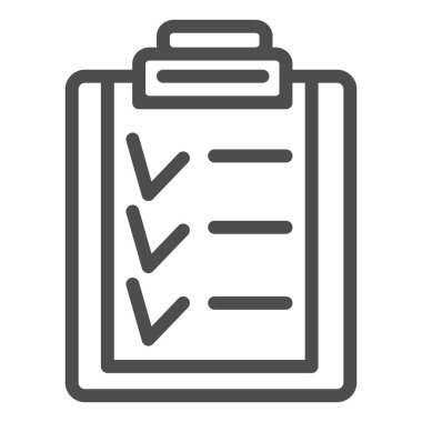 Kontrol listesi form simgesine sahip pano. Tıbbi plan ve sipariş panosu sembolü, beyaz arka planda ana hatlı resim. Mobil konsept için ilaç işareti, web tasarımı. Vektör grafikleri.