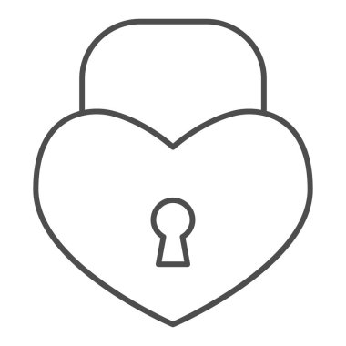 Kalp şeklinde kilit, ince çizgi ikonu. Aşk sembolü şeklinde romantik asma kilit, beyaz arka planda ana hatlı resim. Taşınabilir konsept ve web tasarımı için Sevgililer Günü tabelası. Vektör grafikleri.