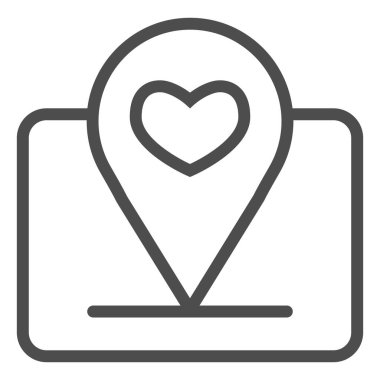 Kalp çizgisi ikonlu konum belirleyici. Harita pin sembolüyle aşk buluşması, beyaz arkaplanda ana hatlı resim. Taşınabilir konsept ve web tasarımı için Sevgililer Günü tabelası. Vektör grafikleri.