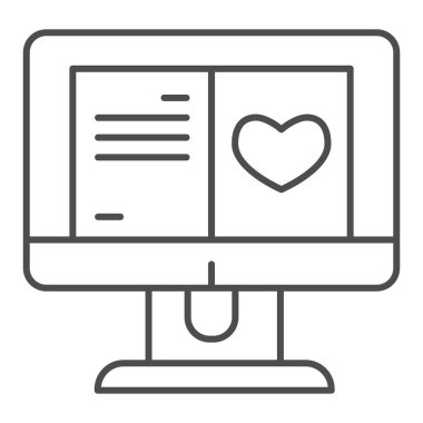 Bilgisayardaki ince çizgi ikonunda tebrik kartı. Kalp şekli ve metin düzeni sembolü, beyaz arkaplanda ana hatlı resim çizimi. Taşınabilir konsept ve web tasarımı için Sevgililer Günü tabelası. Vektör grafikleri.