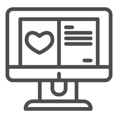 Bilgisayar satırı simgesindeki tebrik kartı. Kalp şekli ve metin düzeni sembolü, beyaz arkaplanda ana hatlı resim çizimi. Taşınabilir konsept ve web tasarımı için Sevgililer Günü tabelası. Vektör grafikleri.