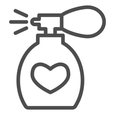 Parfüm çizgisi simgesi. Kalp ve su spreyi sembollü parfüm şişesi, beyaz arka planda ana hatlı resim. Taşınabilir konsept için Sevgililer Günü tabelası, web tasarımı. Vektör grafikleri.