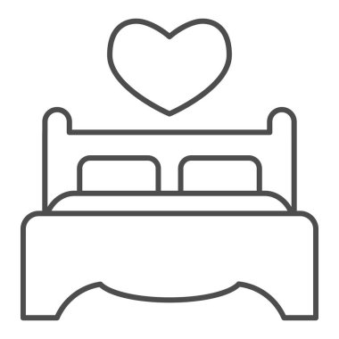 Çift kişilik yatak ve yastıklar ince çizgi ikonu. Kalp şeklinde sembollü mobilyalar, beyaz arka planda ana hatlı resim. Taşınabilir konsept için Sevgililer Günü tabelası, web tasarımı. Vektör grafikleri.