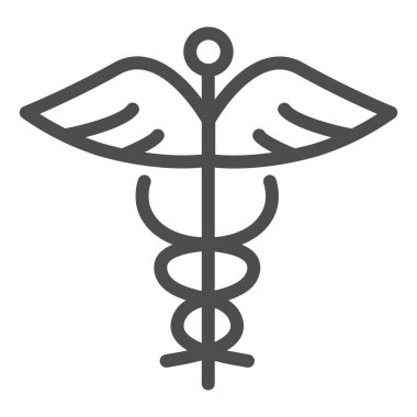 Caduceus çizgi ikonu. Yılan ve kanat sembollü sağlık görevlisi şekli, beyaz arkaplanda ana hatlı resim. Mobil konsept ve web tasarımı için ilaç ya da eczane işareti. Vektör grafikleri.