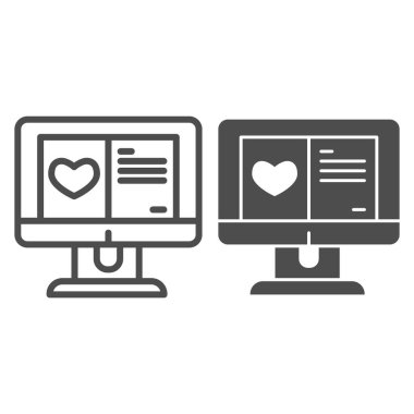 Bilgisayar hattındaki tebrik kartı ve sağlam bir simge. Kalp şekli ve metin düzeni sembolü, beyaz arkaplanda ana hatlı resim çizimi. Taşınabilir konsept ve web tasarımı için Sevgililer Günü tabelası. Vektör grafikleri.