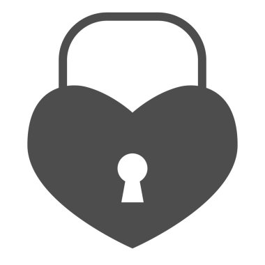 Kalp şeklinde kilit, katı simge. Aşk sembolü şeklinde romantik asma kilit, beyaz arka planda glifli resim. Taşınabilir konsept ve web tasarımı için Sevgililer Günü tabelası. Vektör grafikleri.