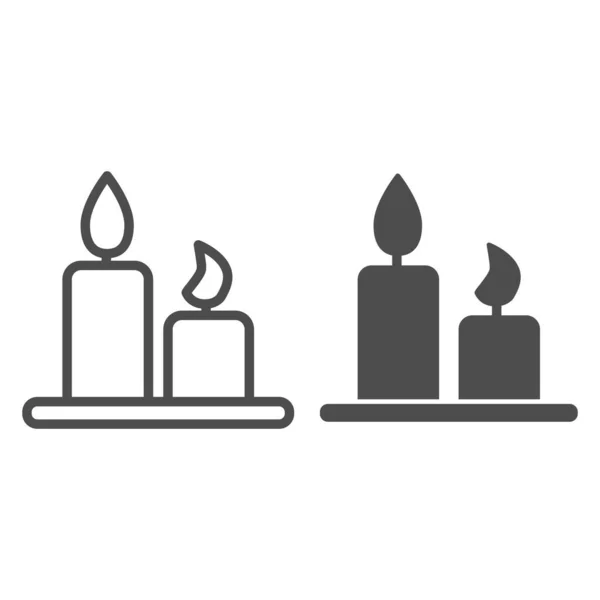 접시 위의 낭만적 인 촛불 과 단단 한 아이콘. 트레이 심볼 이 있는 두 개의 촛불을 켜고 흰색 배경에 골자 스타일의 그림을 그린다. 발렌틴의 날 (day sign) 은 모바일 컨셉 과 웹 디자인을 위한 신호이다. 벡터 그래픽. — 스톡 벡터