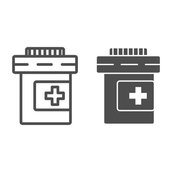 Γραμμή μπουκαλιών φαρμάκων και εικονίδιο glyph. Χάπια, medicament μπορεί να σύμβολο, περίγραμμα στυλ εικονόγραμμα σε λευκό φόντο. Ιατρικό ή φαρμακείο υπογράψει για την έννοια του κινητού και web design. Διανυσματικά γραφικά. — Διανυσματικό Αρχείο